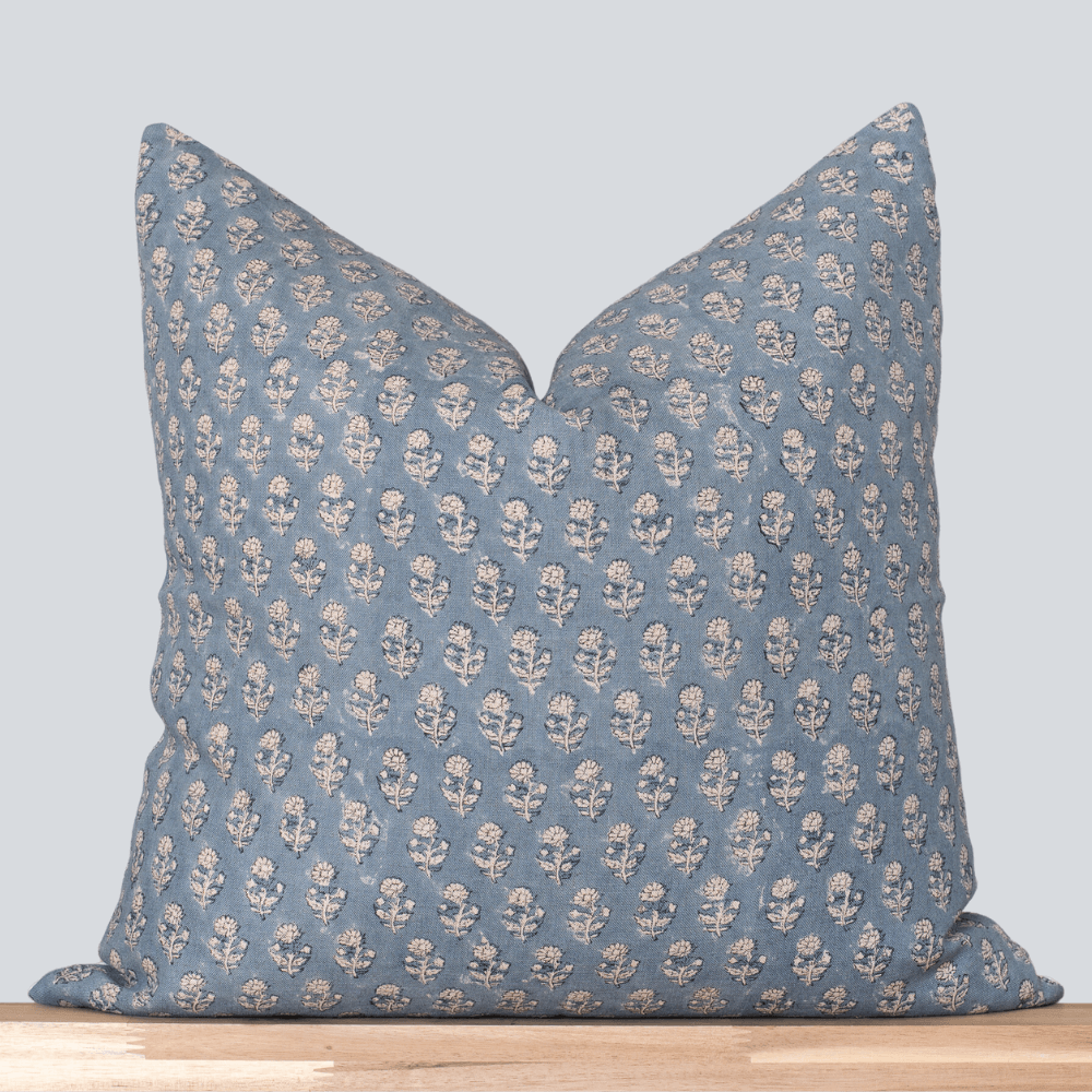 Blue and White Block Floral Print Decorative Pillow Cover – ONE