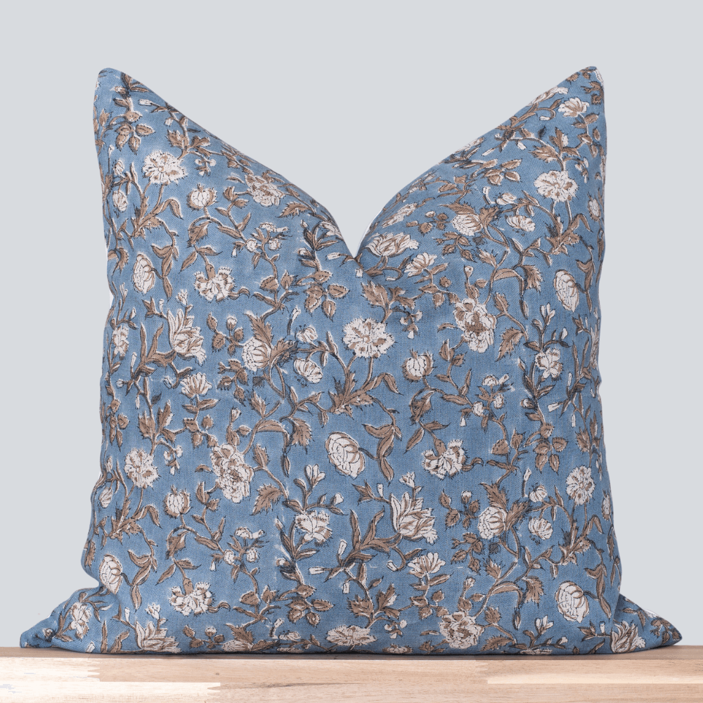 Blue and White Block Floral Print Decorative Pillow Cover – ONE