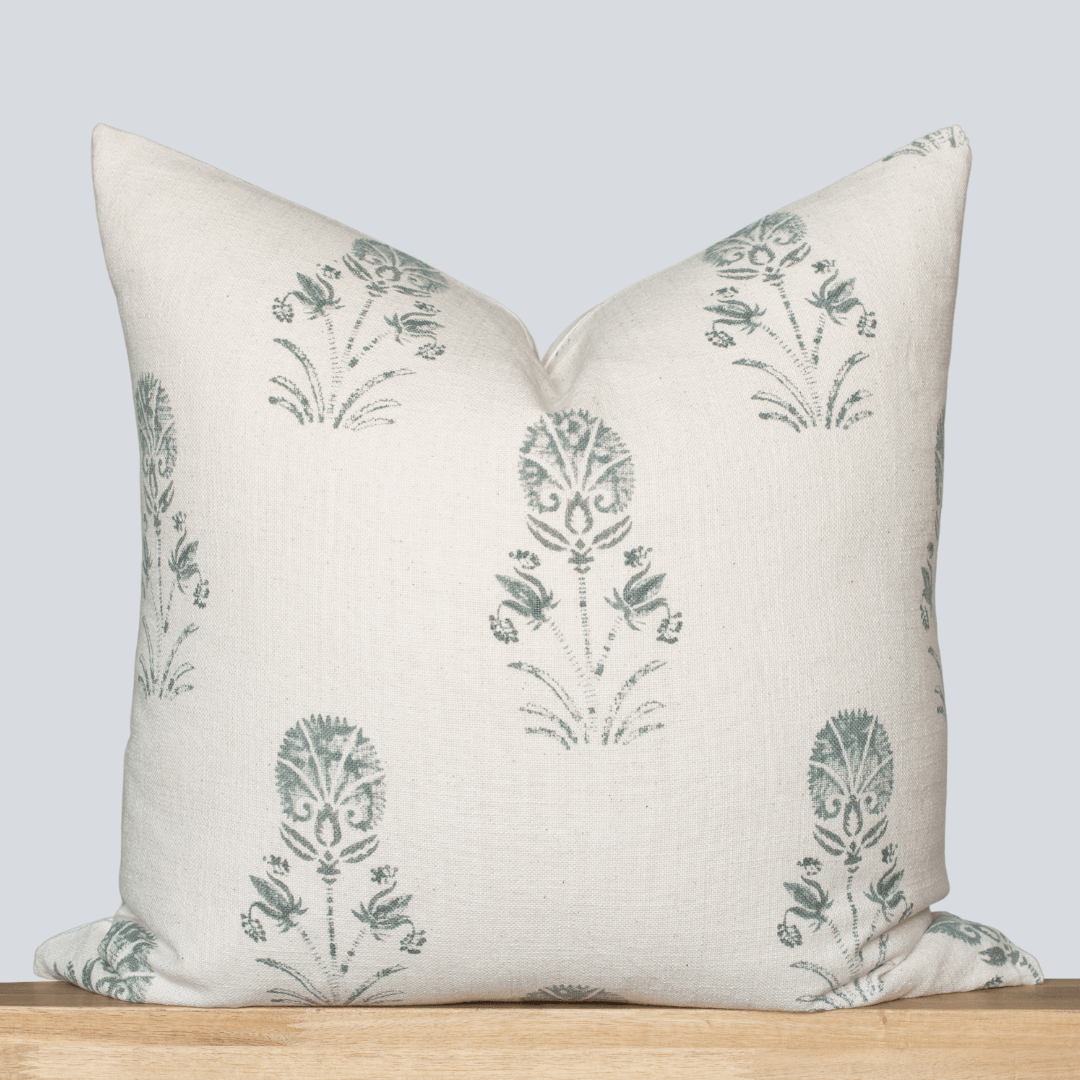Devi Floral Block Printed Pillow Cover Teal Green/Blue Apartment No.3