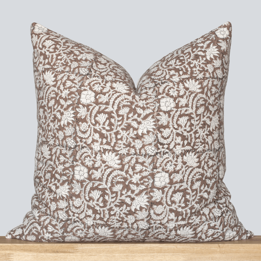 Nina Floral Block Printed Pillow Cover | Brown