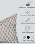 Mori Floral Block Printed Pillow Cover | Sage Green | Lumbar