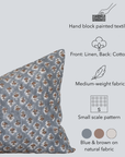 Aster Floral Block Printed Pillow Cover | Blue, Brown | Lumbar