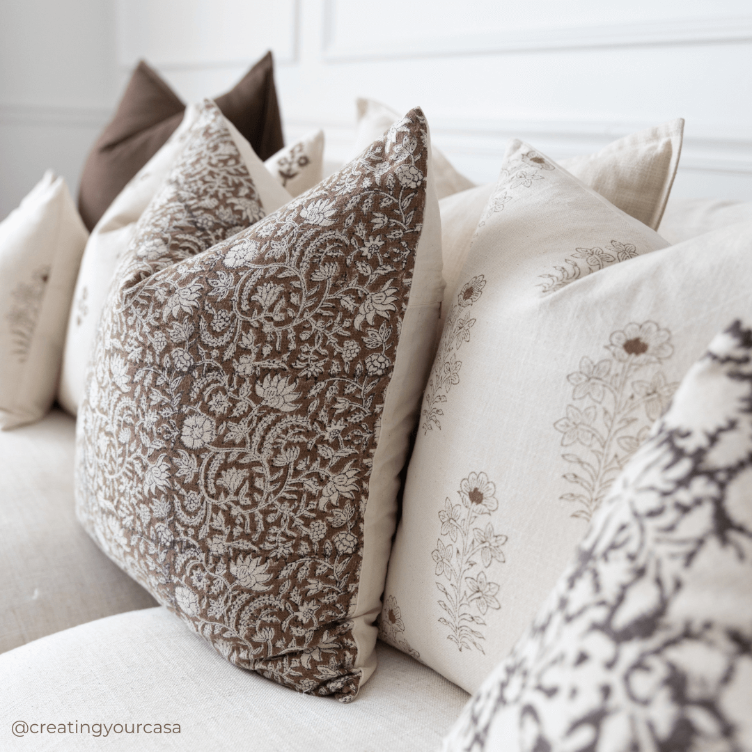 Ella Floral Block Printed Pillow Cover | Light Brown + Terracotta Detail