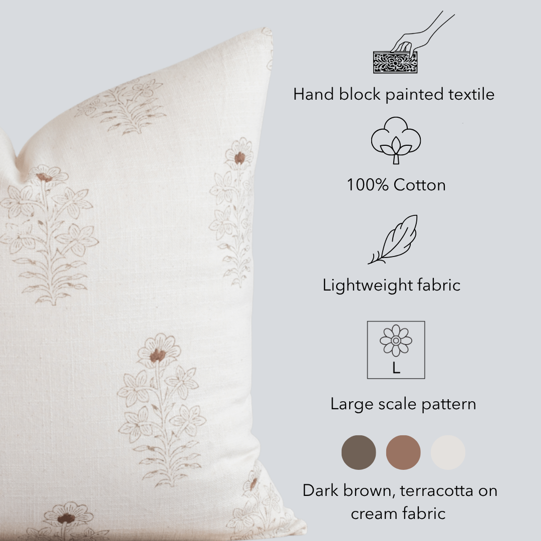 Ella Floral Block Printed Pillow Cover | Light Brown + Terracotta Detail