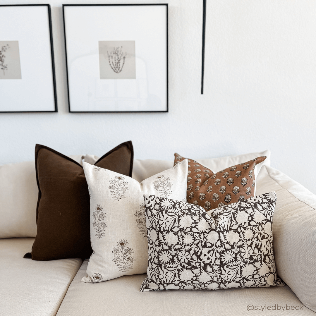 Ella Floral Block Printed Pillow Cover | Light Brown + Terracotta Detail