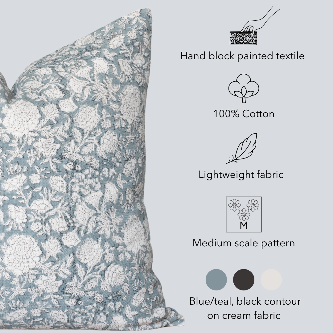 Chloe Floral Block Printed Pillow Cover | Blue