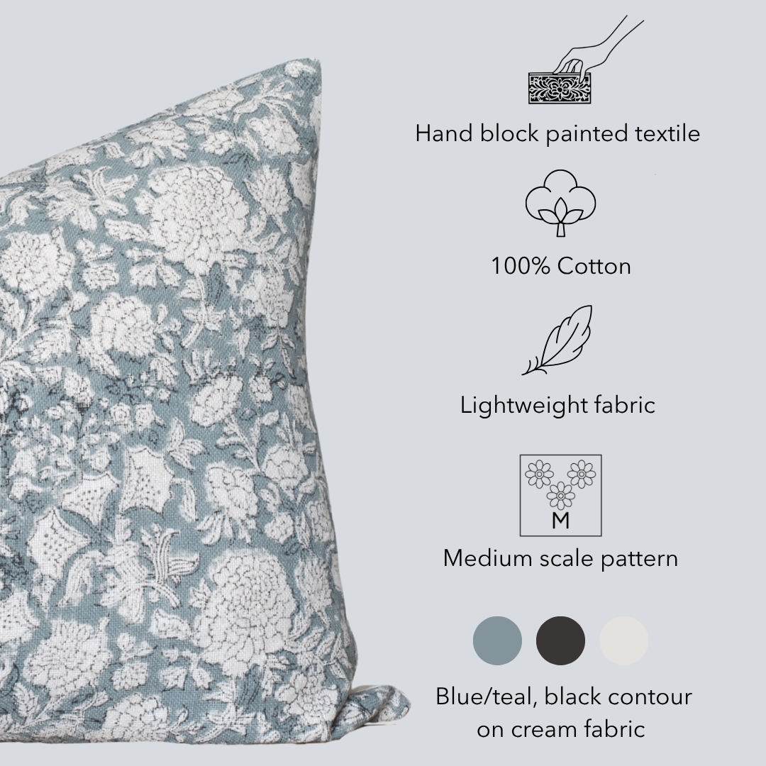 Chloe Floral Block Printed Pillow Cover | Blue | Lumbar