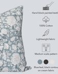 Chloe Floral Block Printed Pillow Cover | Blue | Lumbar