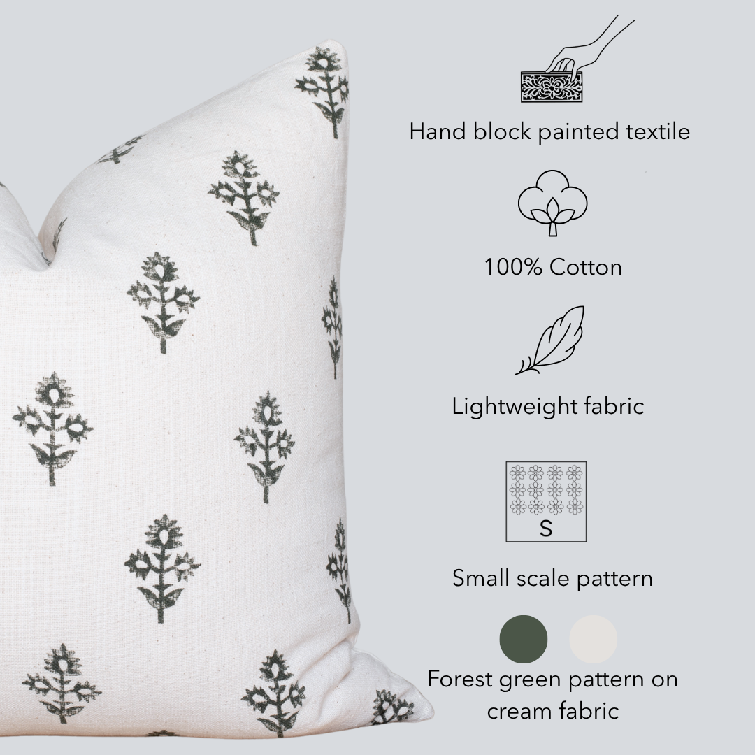 Mia Floral Block Printed Pillow Cover | Forest Green