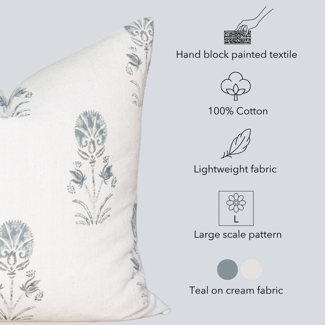 Devi Floral Block Printed Pillow Cover | Teal Green/Blue