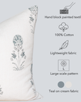 Devi Floral Block Printed Pillow Cover | Teal Green/Blue