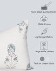 Devi Floral Block Printed Pillow Cover | Teal Green/Blue | Lumbar