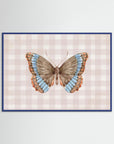 Butterfly on Gingham Art Print | Vintage Cottage Wall Art Blue Wood