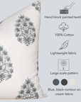 Capri Floral Block Printed Pillow Cover | Blue