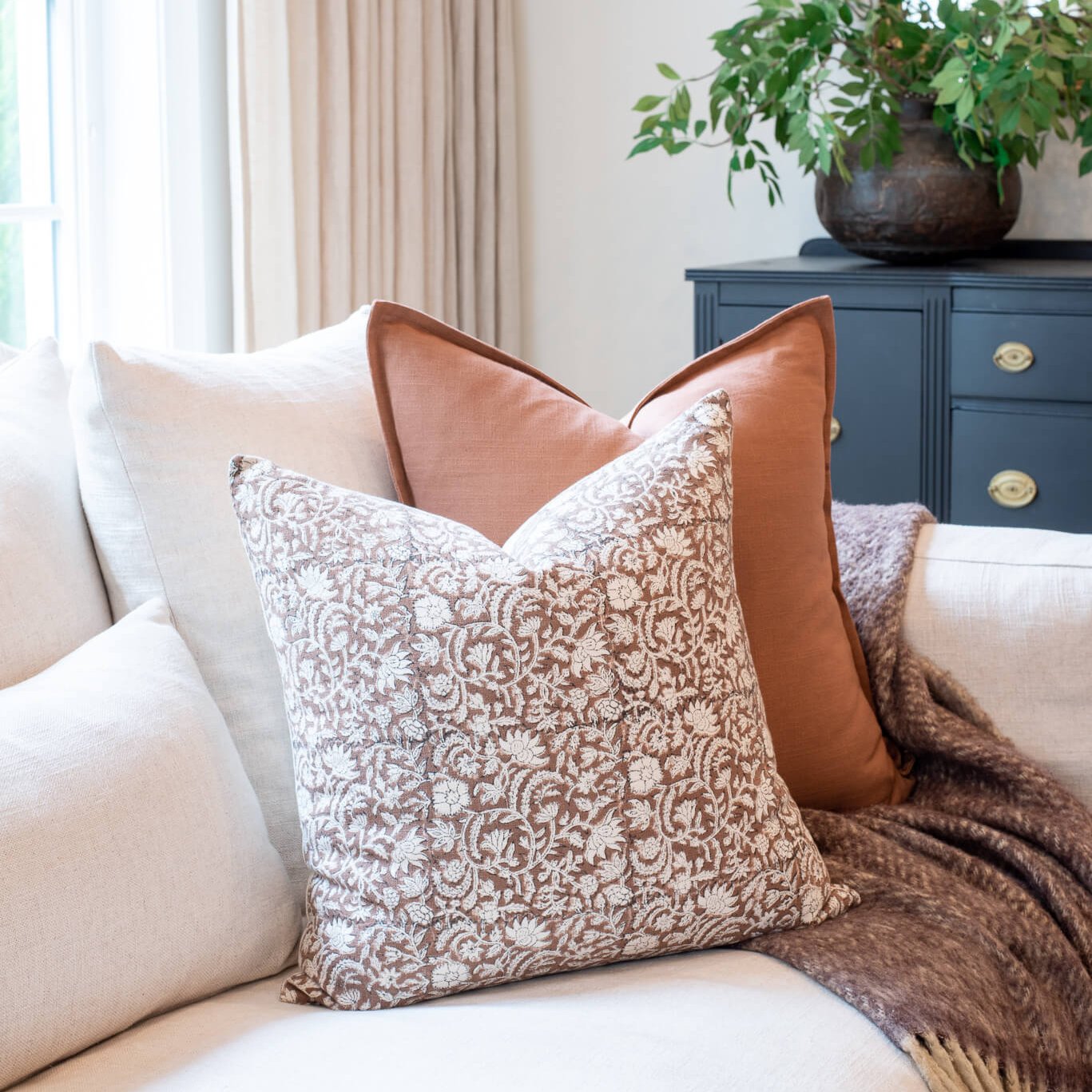 **FLAWED** Nina Floral Block Printed Pillow Cover | Brown