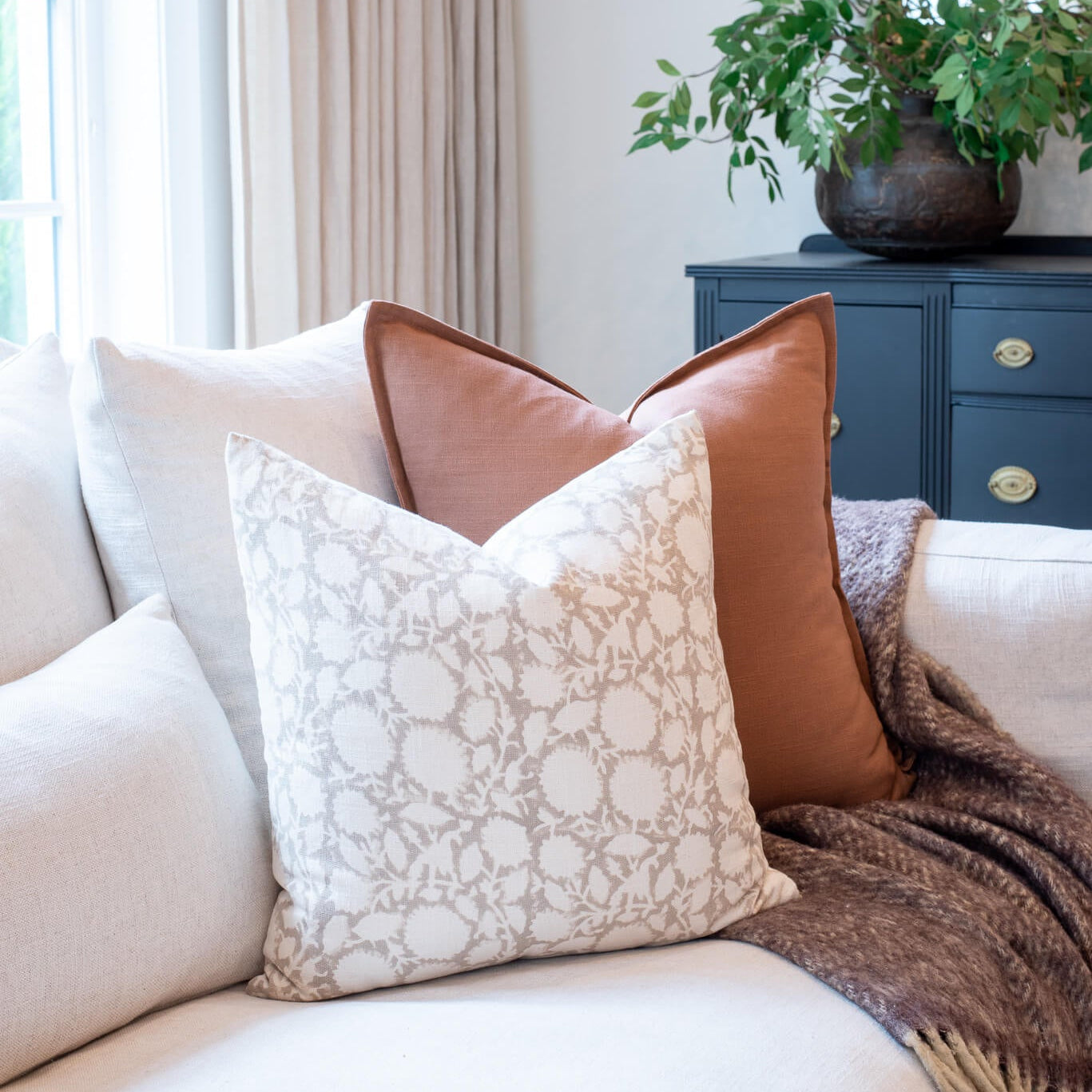 **FLAWED** Luana Floral Block Printed Pillow Cover | Beige/Light Brown