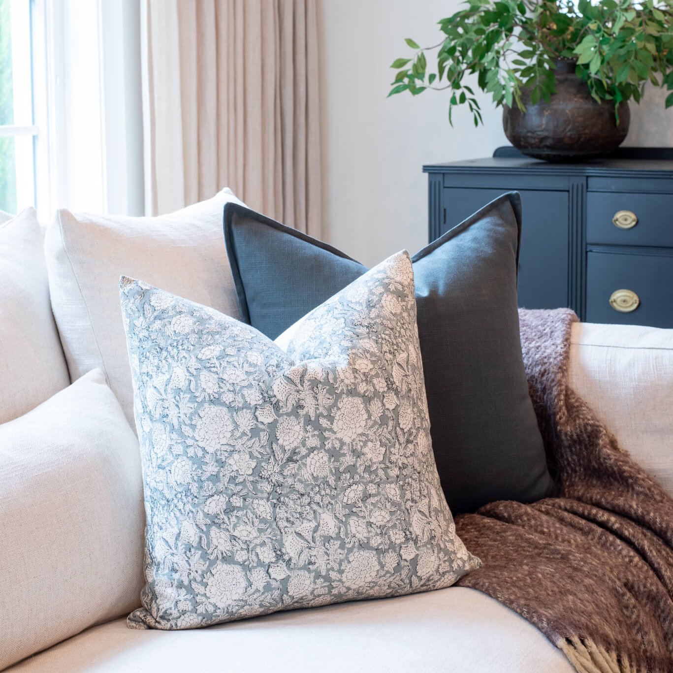 **FLAWED** Lighter Chloe Floral Block Printed Pillow Cover | Blue