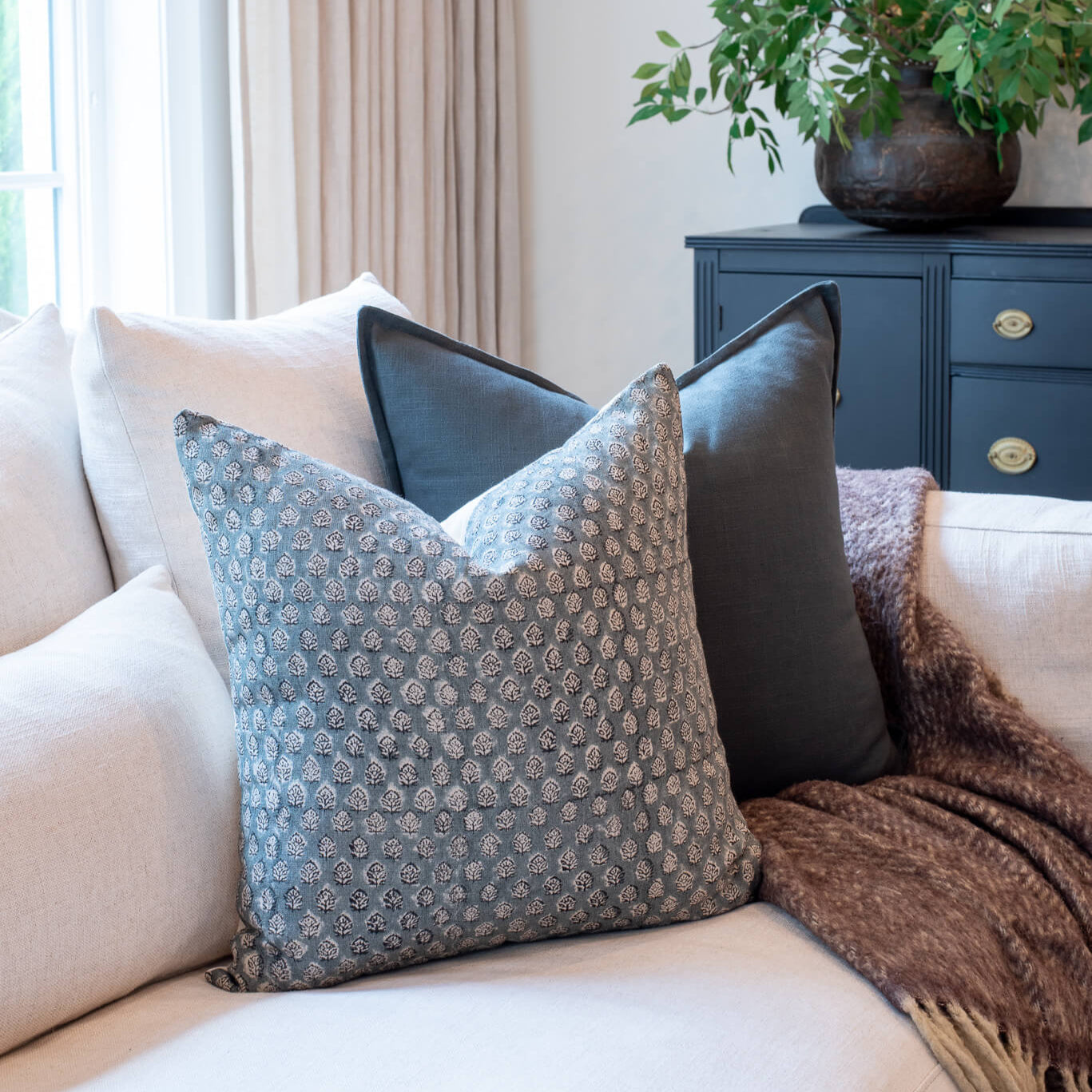 Luna Floral Block Printed Pillow Cover | Blue/Teal Green