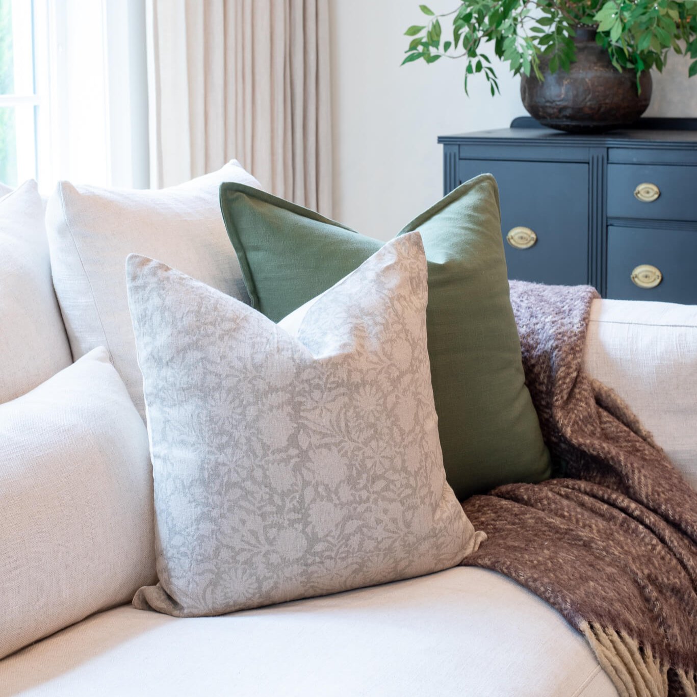 **FLAWED** Dahlia Floral Block Printed Pillow Cover | Greige