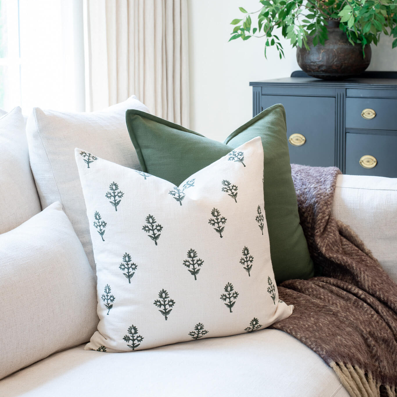 Mia Floral Block Printed Pillow Cover | Forest Green