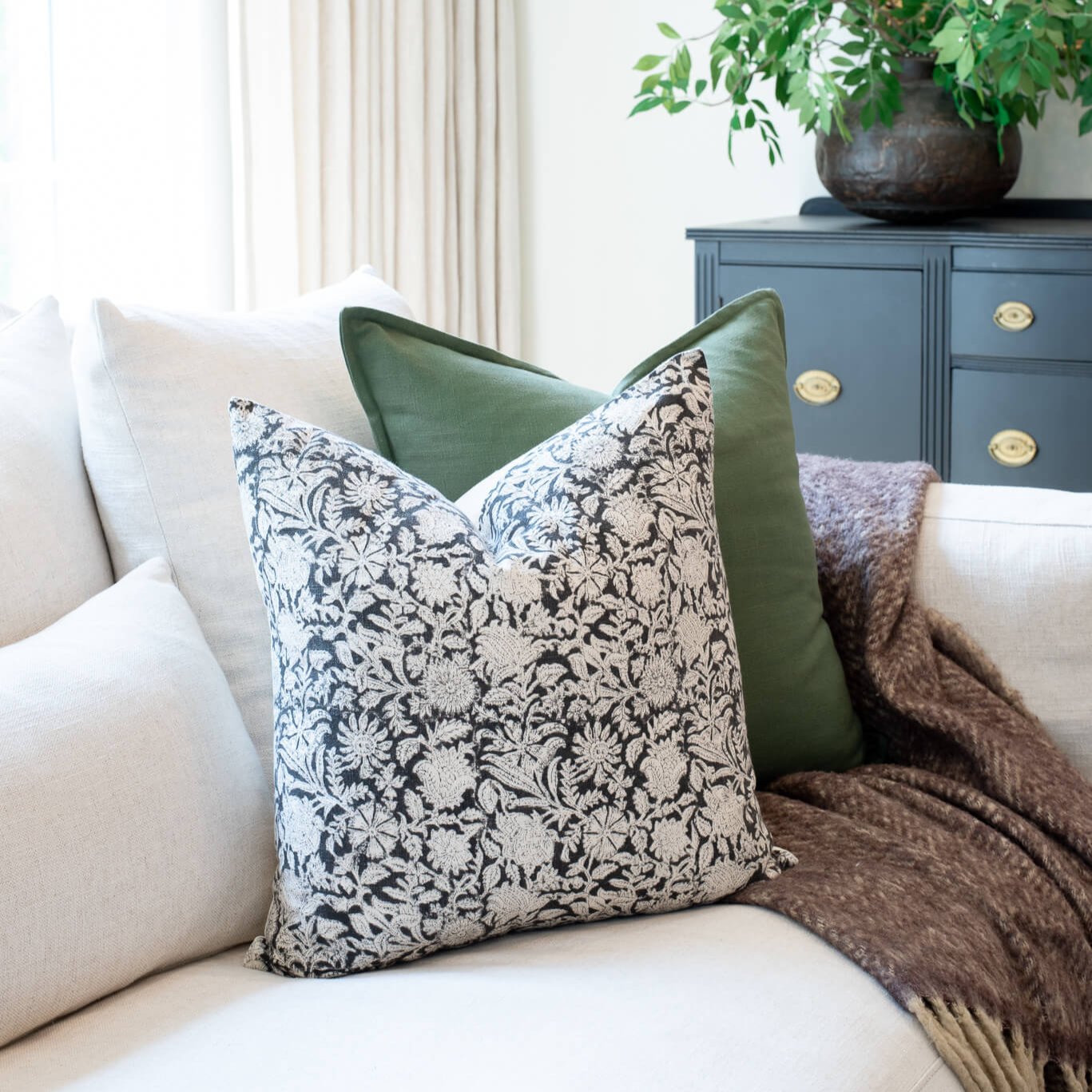 **FLAWED** Burgos Floral Block Printed Pillow Cover | Black