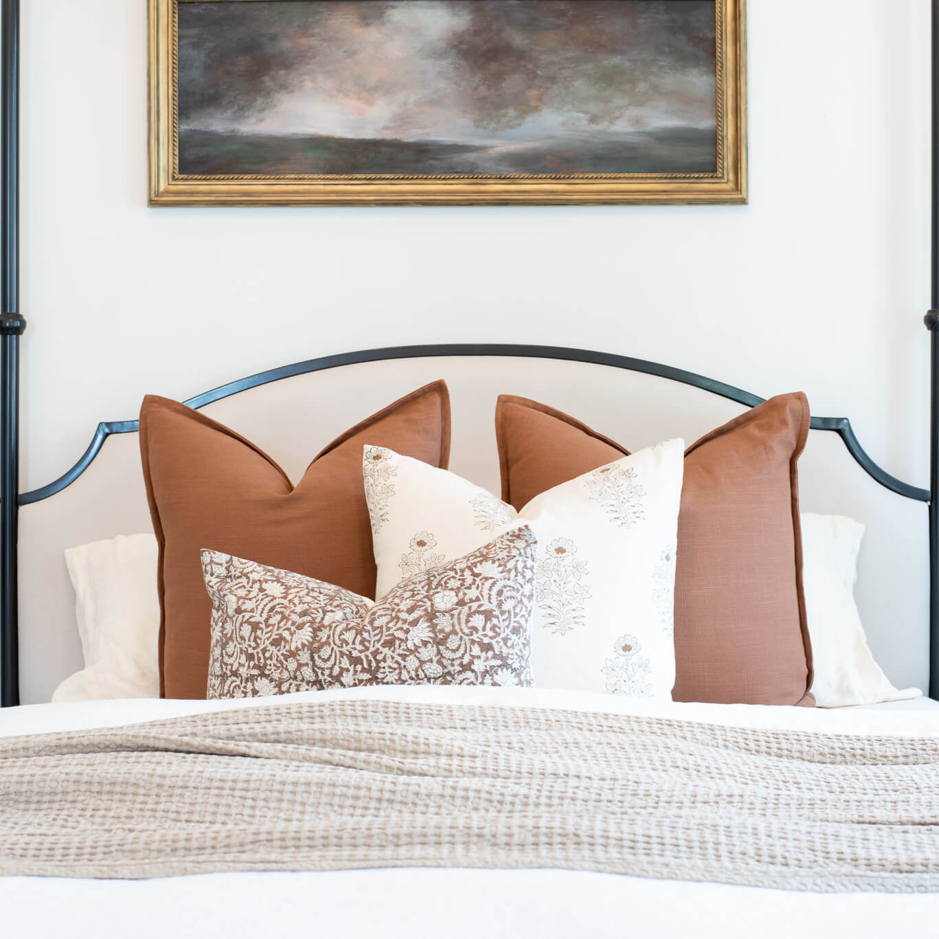 Ella Floral Block Printed Pillow Cover | Light Brown + Terracotta Detail