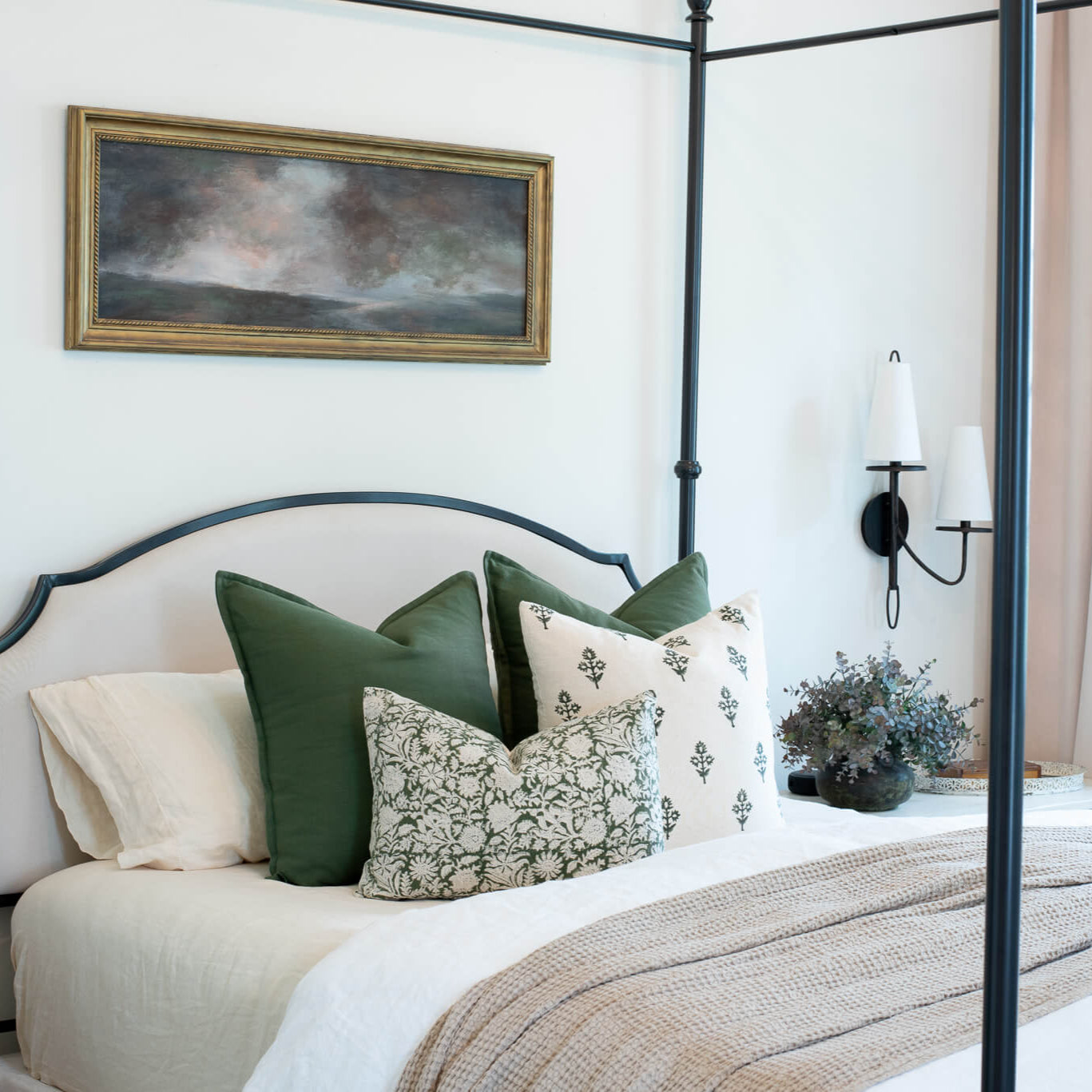 Mia Floral Block Printed Pillow Cover | Forest Green