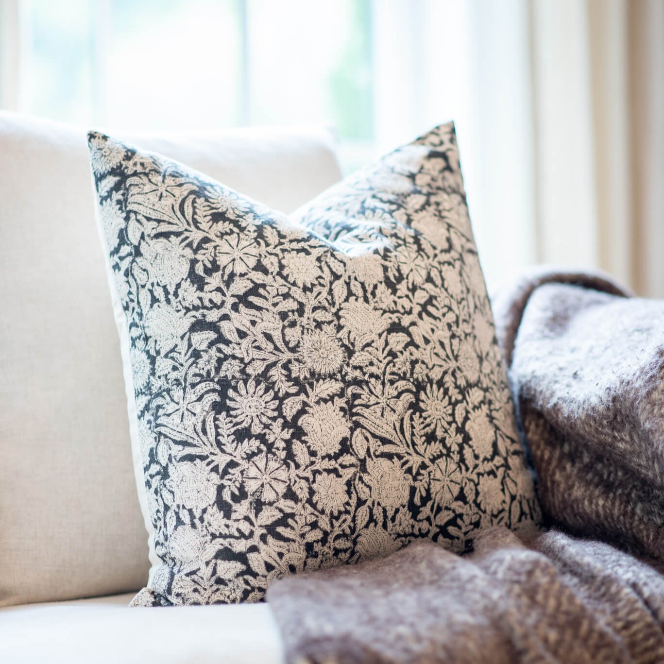 **FLAWED** Burgos Floral Block Printed Pillow Cover | Black