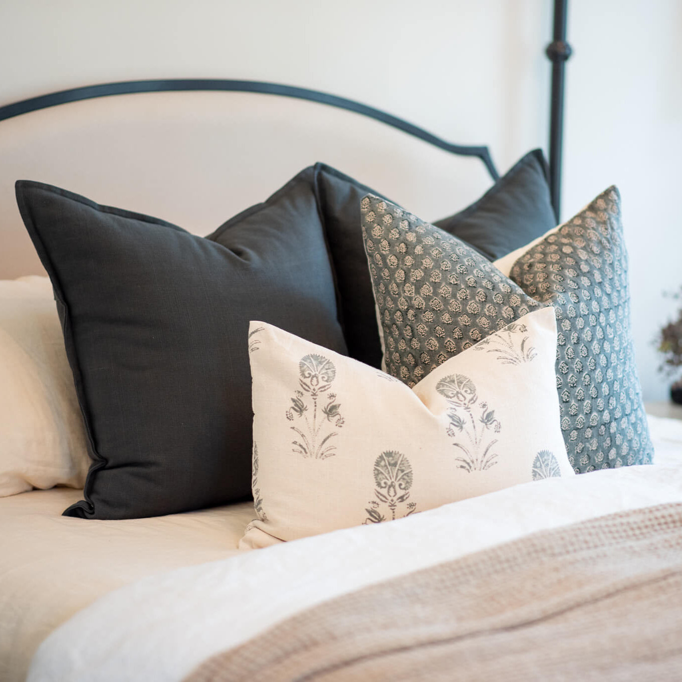 Luna Floral Block Printed Pillow Cover | Blue/Teal Green