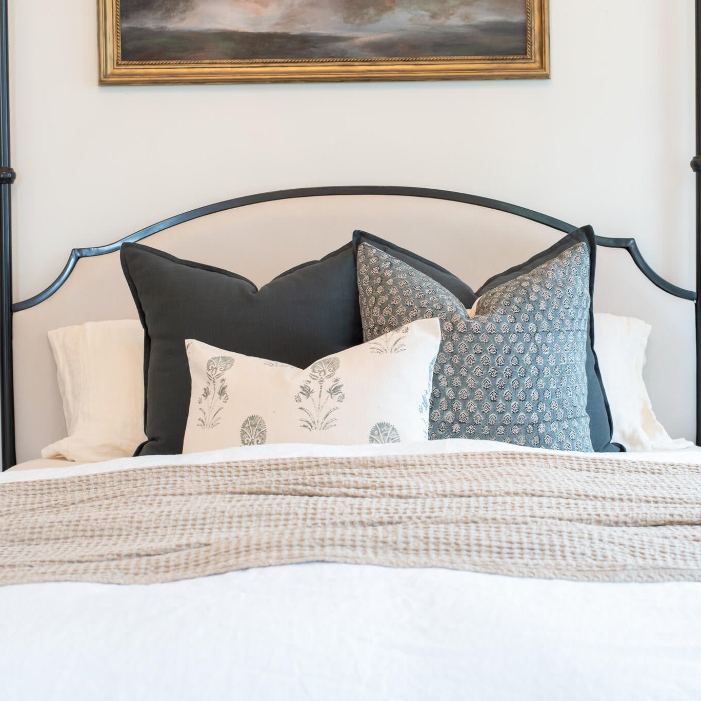 Luna Floral Block Printed Pillow Cover | Blue/Teal Green