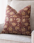 Lena Floral Block Printed Pillow Cover | Burgundy, Mustard, Rosy Brown