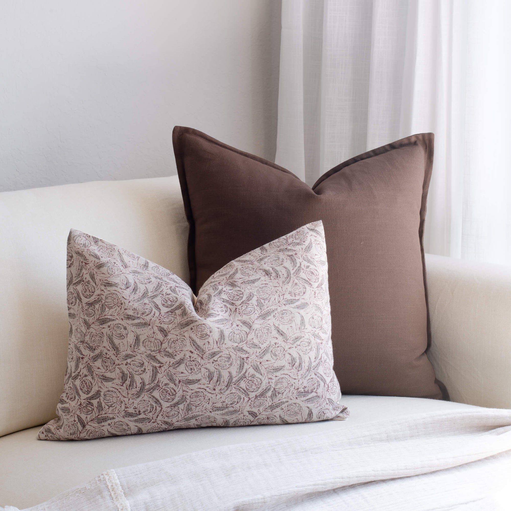 Irene Floral Block Printed Pillow Cover | Burgundy, Muted Sage Green + Greige | Lumbar
