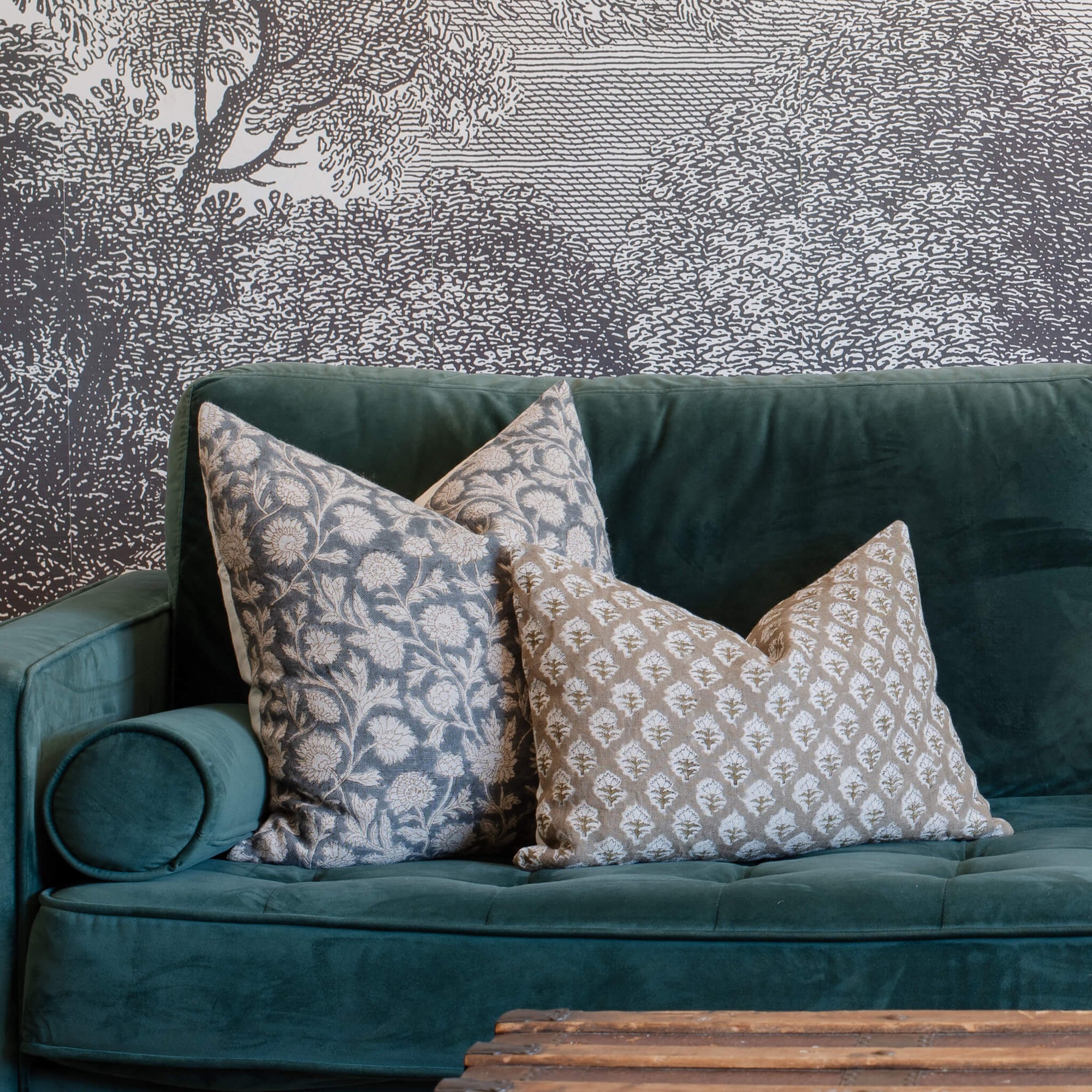 Estelle Floral Block Printed Pillow Cover | Blue, Mustard