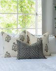 Aster Floral Block Printed Pillow Cover | Blue, Brown | Lumbar