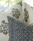 Aster Floral Block Printed Pillow Cover | Blue, Brown | Lumbar