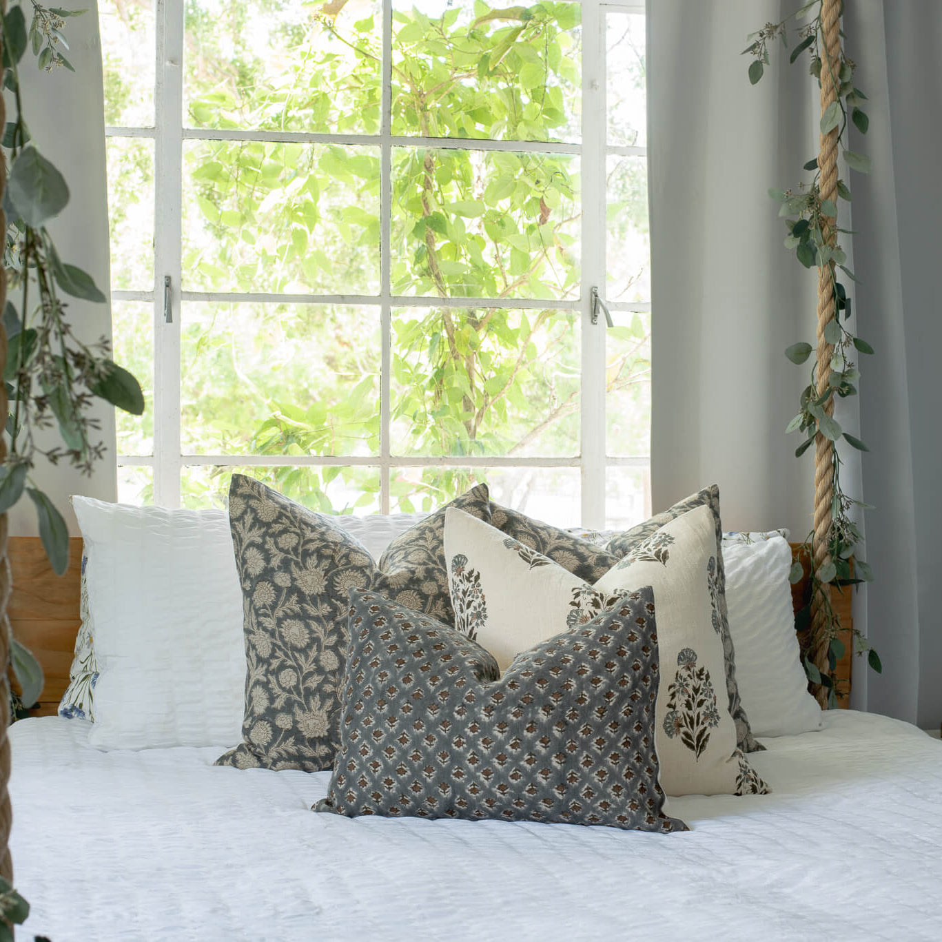 Estelle Floral Block Printed Pillow Cover | Blue, Mustard