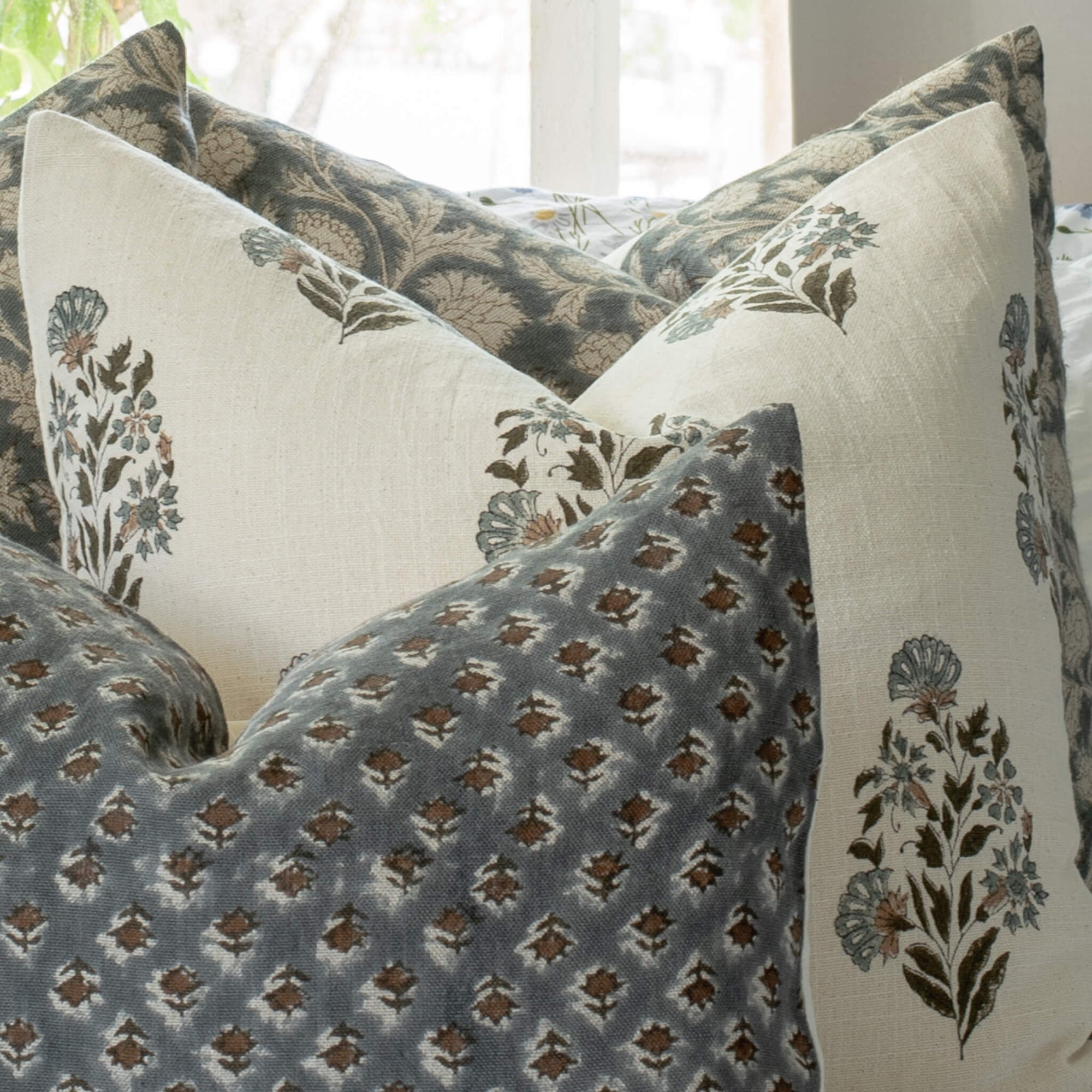 Estelle Floral Block Printed Pillow Cover | Blue, Mustard