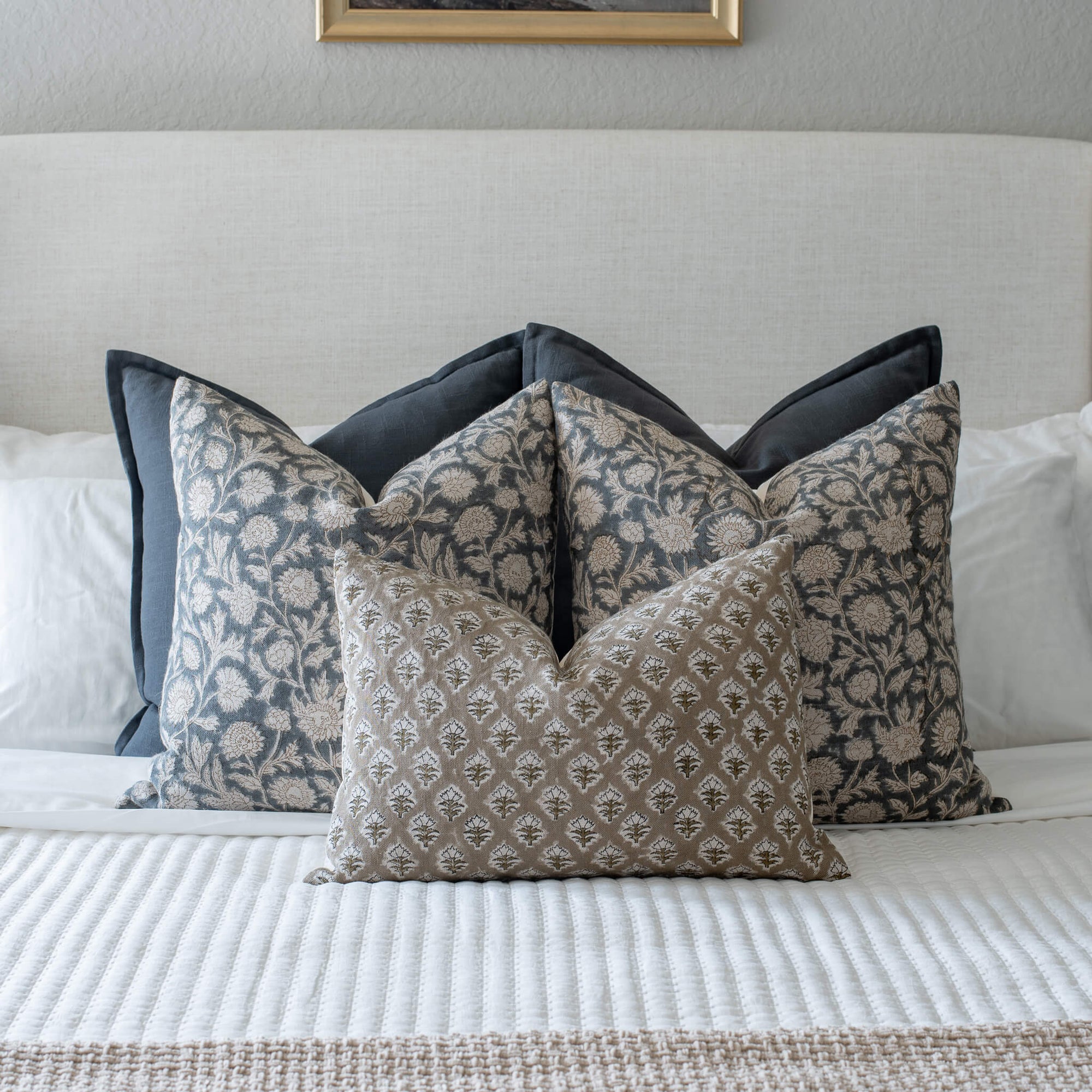 Estelle Floral Block Printed Pillow Cover | Blue, Mustard