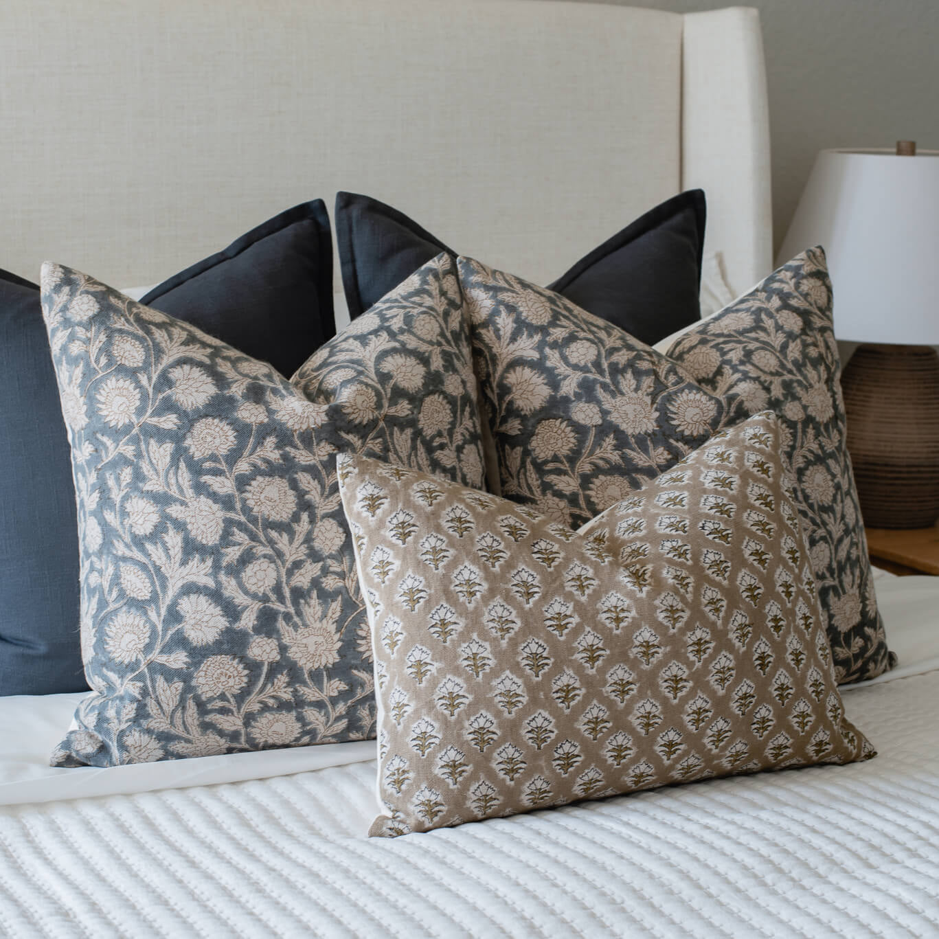 Estelle Floral Block Printed Pillow Cover | Blue, Mustard
