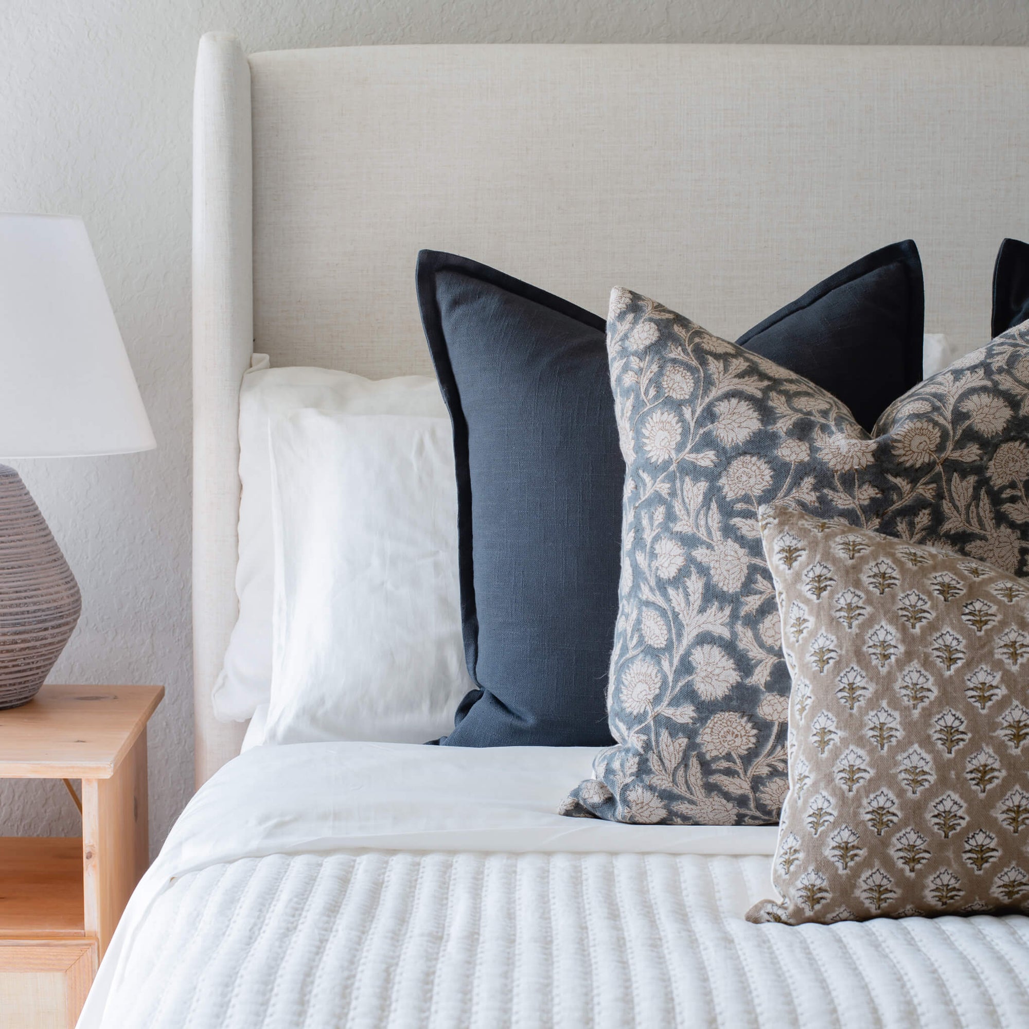 Estelle Floral Block Printed Pillow Cover | Blue, Mustard