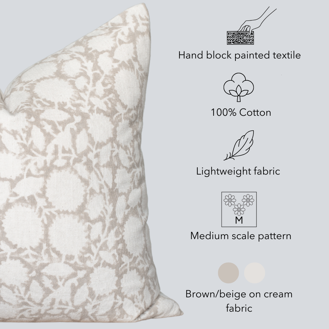 Luana Floral Block Printed Pillow Cover | Beige/Brown