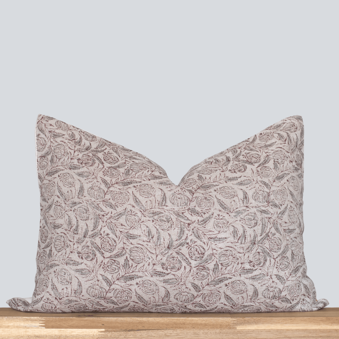 Irene Floral Block Printed Pillow Cover | Burgundy, Muted Sage Green + Greige | Lumbar