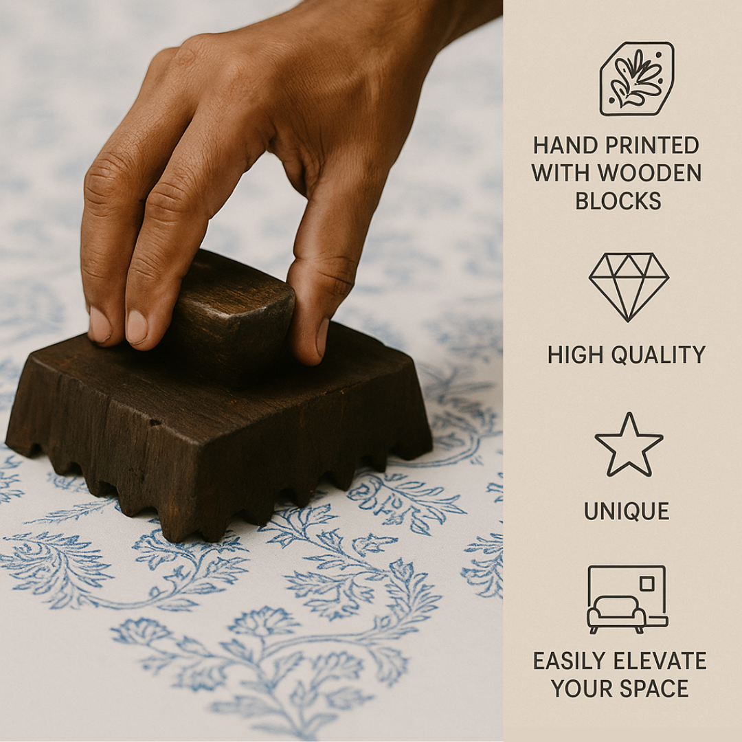 Luna Floral Block Printed Pillow Cover | Blue/Teal Green