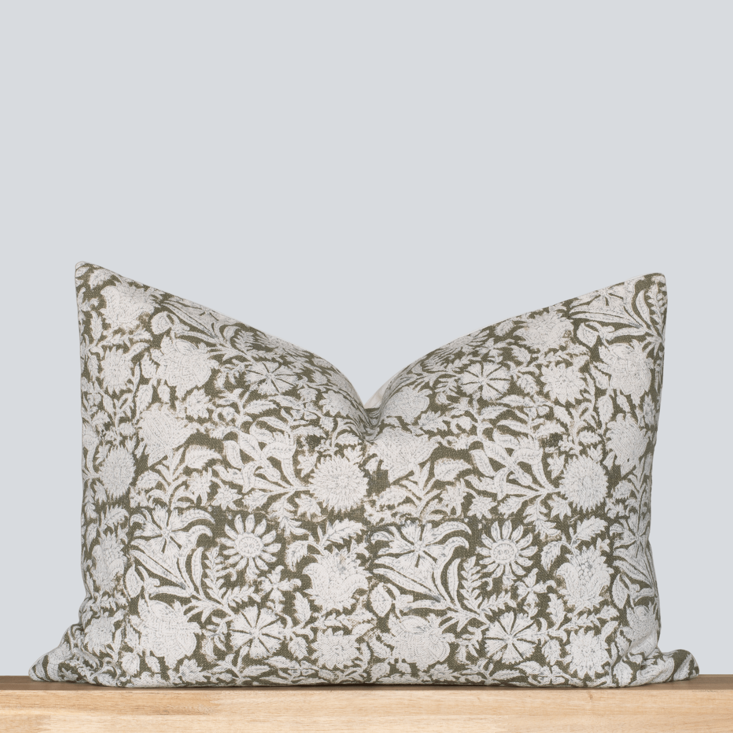 Jardim Floral Block Printed Pillow Cover Olive Green Lumbar
