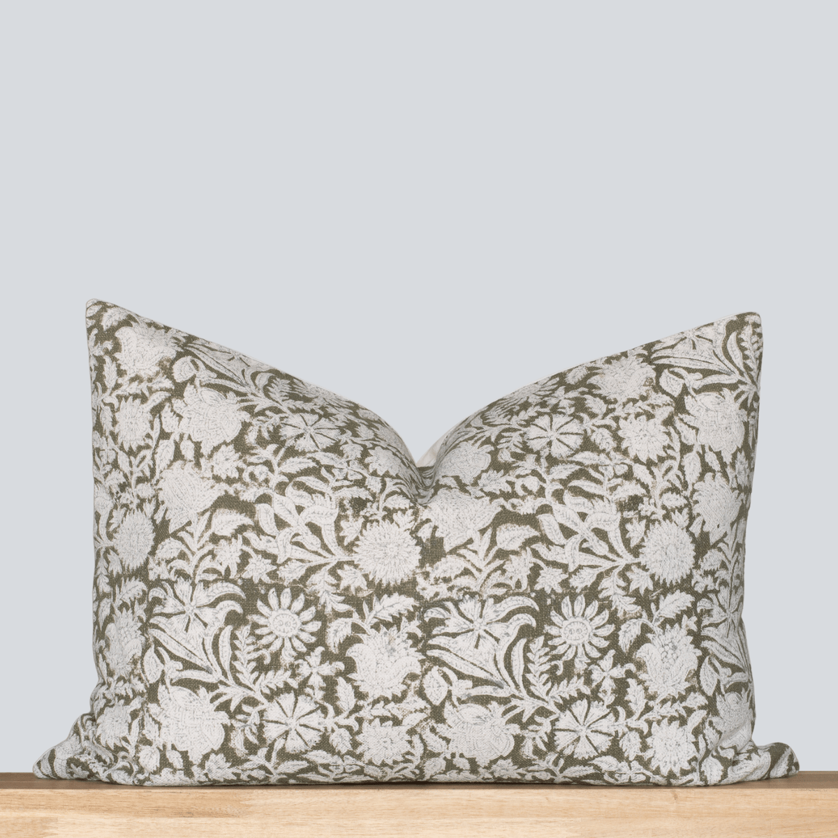 Jardim Floral Block Printed Pillow Cover Olive Green Lumbar Apartment No.3