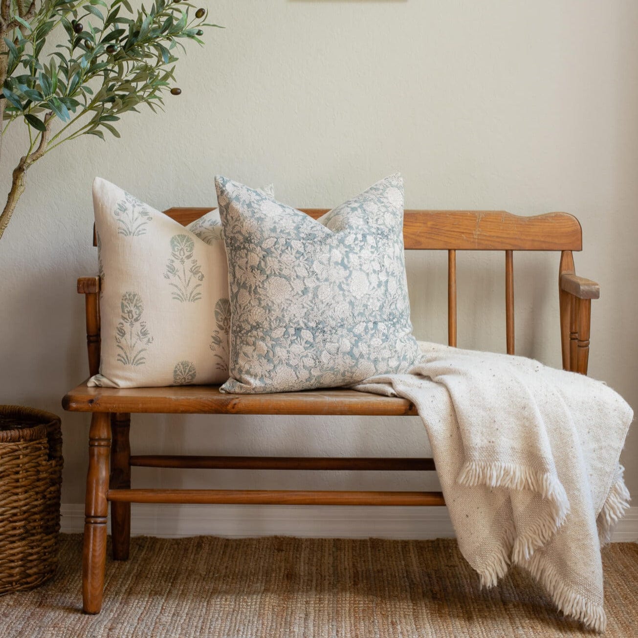 **FLAWED** Lighter Chloe Floral Block Printed Pillow Cover | Blue