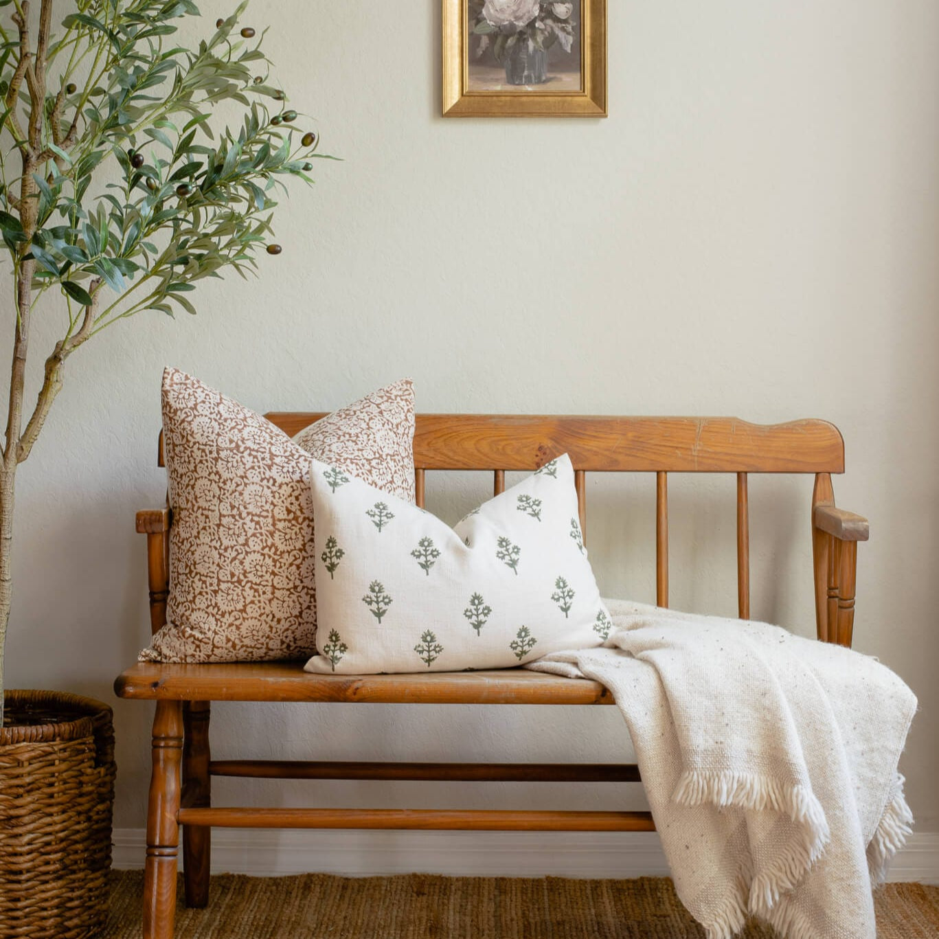 **FLAWED** Mia Floral Block Printed Pillow Cover | Forest Green | Lumbar