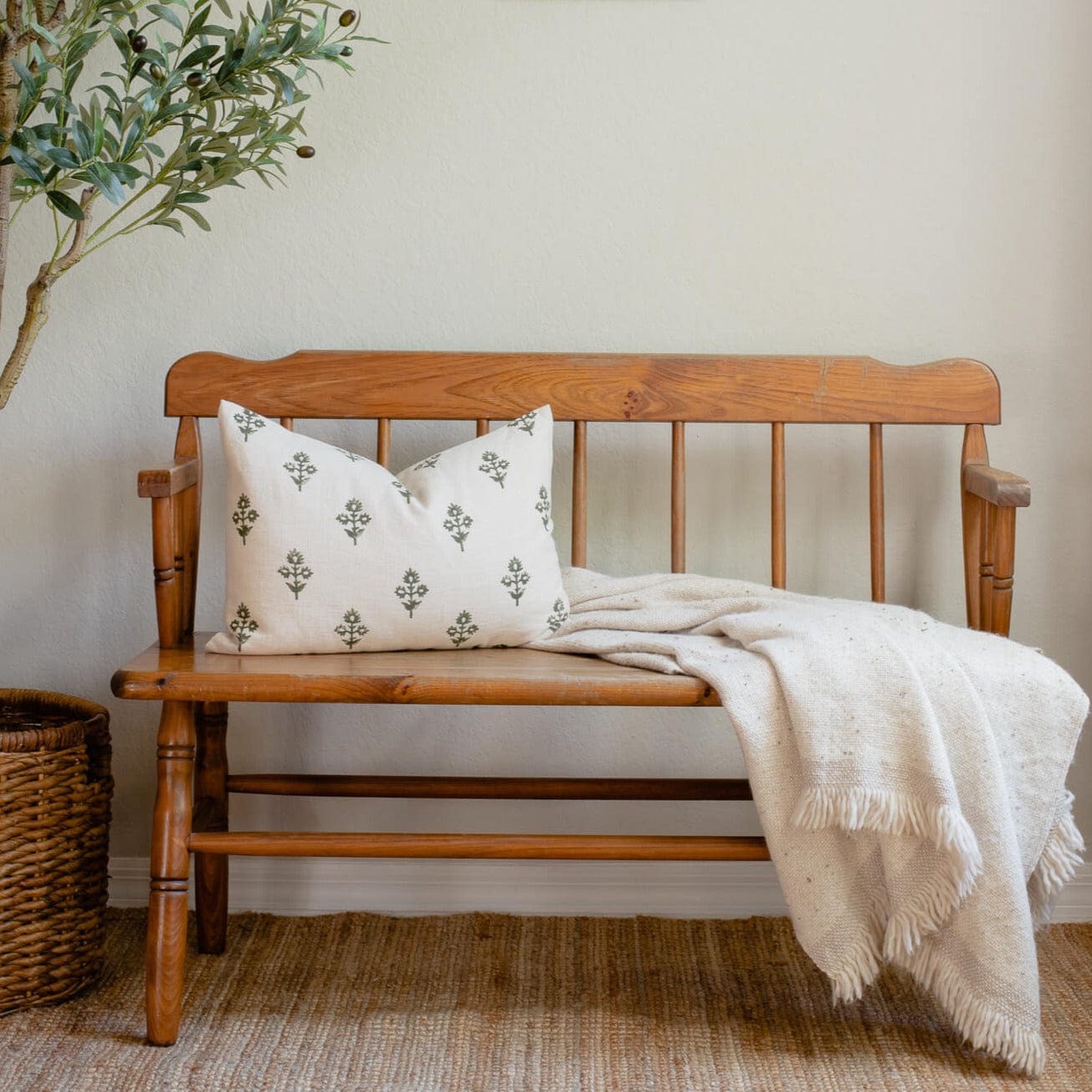 **FLAWED** Mia Floral Block Printed Pillow Cover | Forest Green | Lumbar