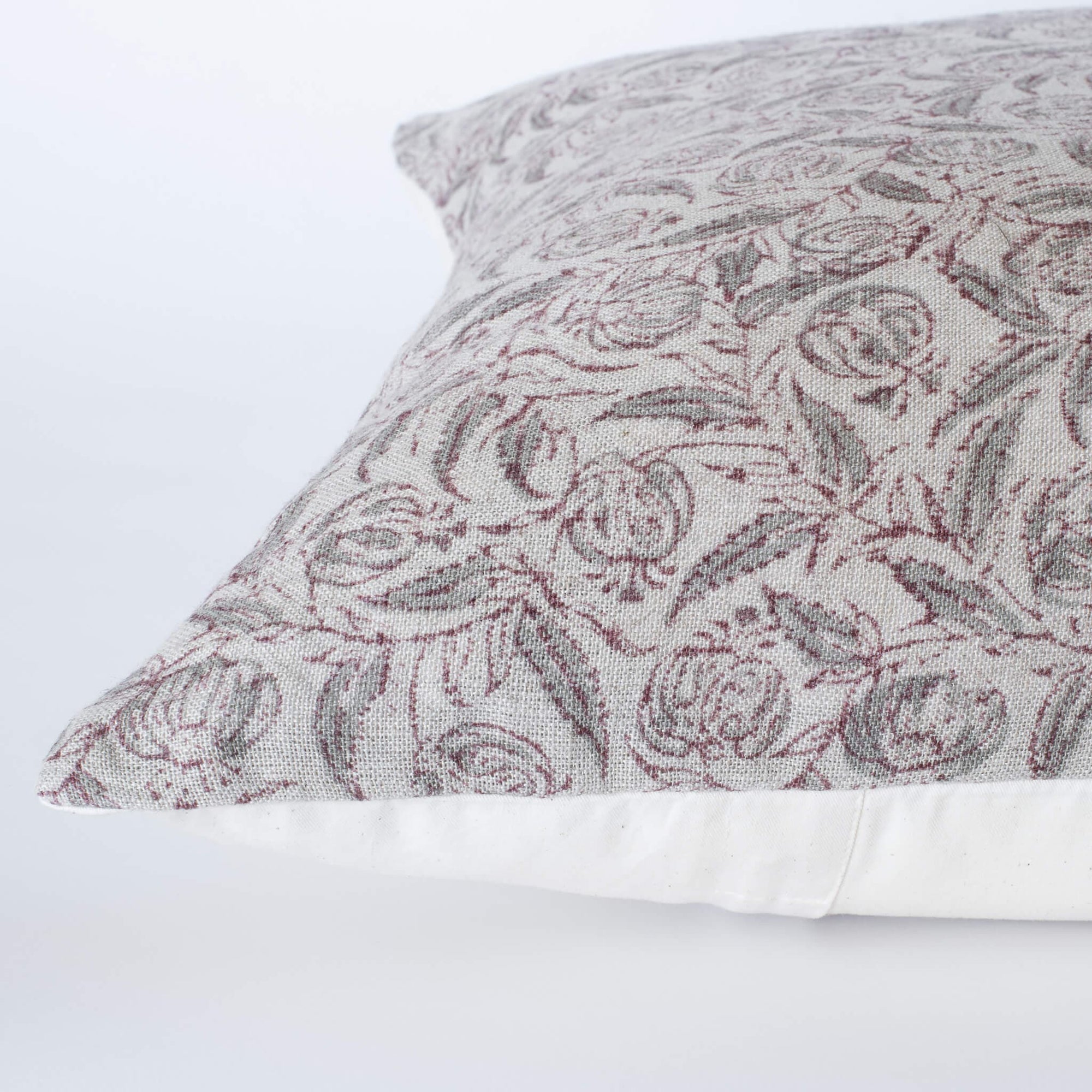 **FLAWED** Irene Floral Block Printed Pillow Cover | Burgundy, Muted Sage Green + Greige