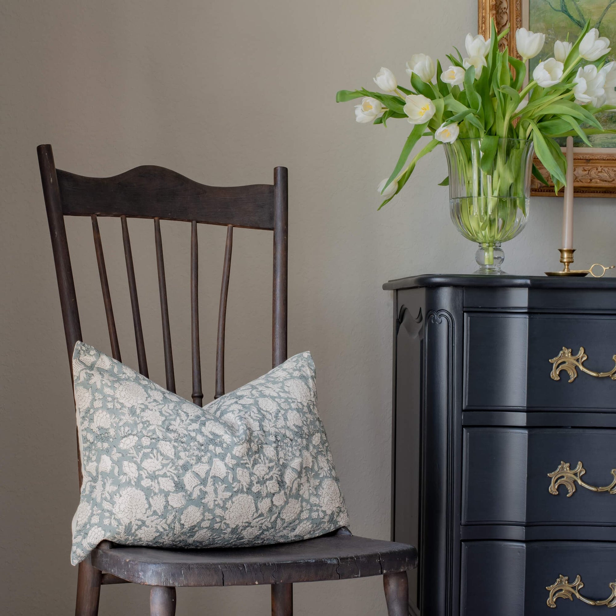 **FLAWED** Lighter Chloe Floral Block Printed Pillow Cover | Blue | Lumbar